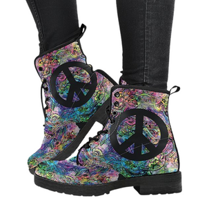 Women's Vegan Leather Boots with Peace Sign, Stylish Streetwear,