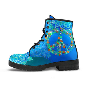 Blue Peace Sign Mandala Women's Vegan Leather Boots, Handcrafted Fashion