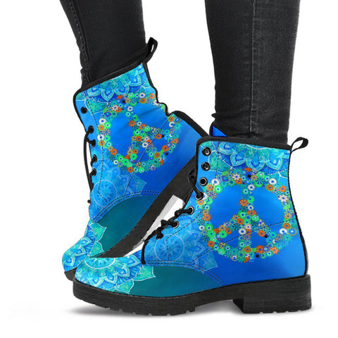 Image of Blue Peace Sign Mandala Women's Vegan Leather Boots, Handcrafted Fashion