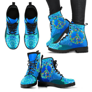 Blue Peace Sign Mandala Women's Vegan Leather Boots, Handcrafted Fashion