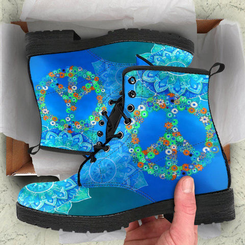 Image of Blue Peace Sign Mandala Women's Vegan Leather Boots, Handcrafted Fashion