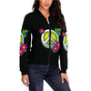 Peace Sign Womens Jacket Bright Colorful, Floral, Hippie, Colorful Feathers, Fashion Wear