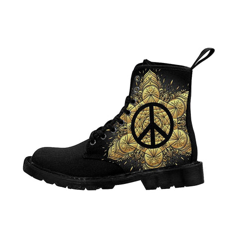 Image of Peace Symbol Black Womens Boots Custom Boots,Boho Chic Boots,Spiritual Rain Boots,Hippie,Combat Style Boots