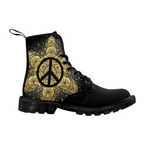 Peace Symbol Black Womens Boots Custom Boots,Boho Chic Boots,Spiritual Rain Boots,Hippie,Combat Style Boots