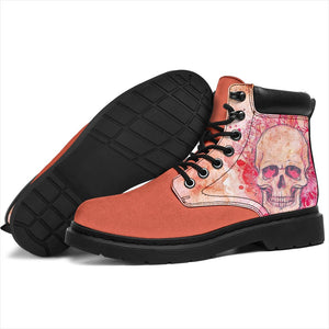 Peach Orange Floral Skull Leather Boots Women,Womens Gift,Handmade Boots,Streetwear, All Season Boots,Vegan ,Casual WearLeather,Rain Boots,