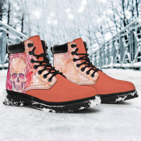 Image of Peach Orange Floral Skull Leather Boots Women,Womens Gift,Handmade Boots,Streetwear, All Season Boots,Vegan ,Casual WearLeather,Rain Boots,