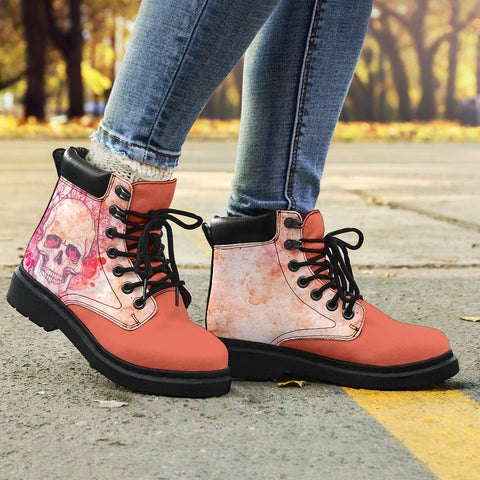 Image of Peach Orange Floral Skull Leather Boots Women,Womens Gift,Handmade Boots,Streetwear, All Season Boots,Vegan ,Casual WearLeather,Rain Boots,