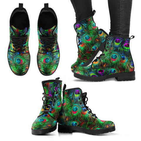 Image of Peacock Feathers Women's Vegan Leather Boots , Ankle, Lace,Up, Handcrafted,