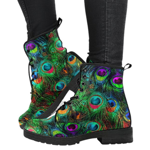 Peacock Feathers Women's Vegan Leather Boots , Ankle, Lace,Up, Handcrafted,