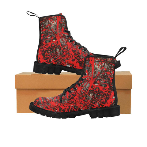 Image of Peinture expressive Red Men Boots Military Biker,Lace up Chunky,Classic Boot,Ankle Boots