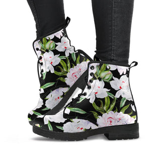 Peony Flower Vegan Leather Women's Boots, Hippie Classic Streetwear,