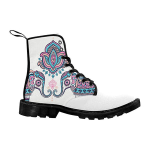 Pink And Blue Cultural Elephant Womens Boots, Lolita Combat Boots,Hand Crafted,Multi Colored