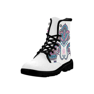 Pink And Blue Cultural Elephant Womens Boots, Lolita Combat Boots,Hand Crafted,Multi Colored