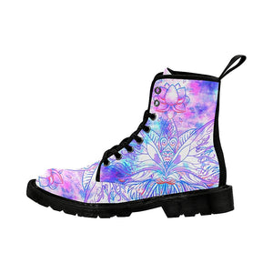 Pink And Blue Lotus Womens Boots, Lolita Combat Boots,Hand Crafted,Multi Colored,Streetwear