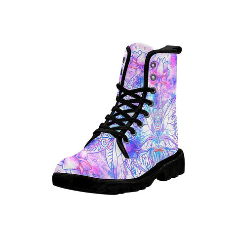 Image of Pink And Blue Lotus Womens Boots, Lolita Combat Boots,Hand Crafted,Multi Colored,Streetwear