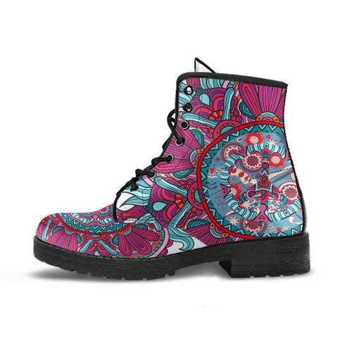 Image of Women's Pink & Blue Peace Floral Mandala Vegan Leather Boots , Handcrafted,