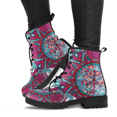 Image of Women's Pink & Blue Peace Floral Mandala Vegan Leather Boots , Handcrafted,