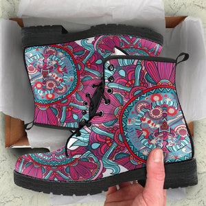 Women's Pink & Blue Peace Floral Mandala Vegan Leather Boots , Handcrafted,