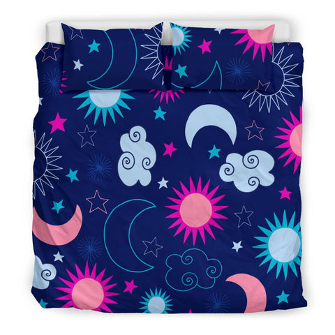 Image of Pink And Blue Star Moon And Clouds Bed Set, Twin Duvet Cover,Multi Colored,Quilt Cover,Bedroom Set,Bedding Set,Pillow Cases Doona Cover