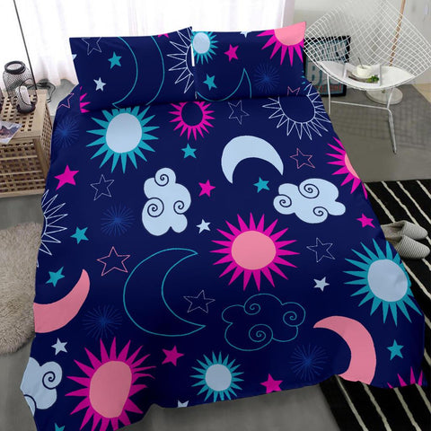 Image of Pink And Blue Star Moon And Clouds Bed Set, Twin Duvet Cover,Multi Colored,Quilt Cover,Bedroom Set,Bedding Set,Pillow Cases Doona Cover