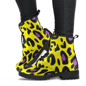 Yellow Animal Print Women's Boots: Vegan Leather, Premium Boots, Retro