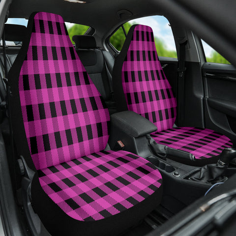 Image of Pink Black Plaid Car Seat Covers, Tartan Front Seat Protectors, 2pc Car