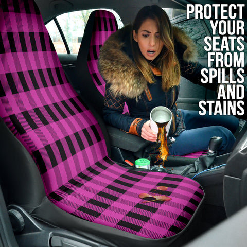 Image of Pink Black Plaid Car Seat Covers, Tartan Front Seat Protectors, 2pc Car