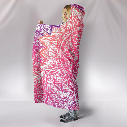 Image of Pink Boho Mandala Blanket,Sherpa Blanket,Bright Colorful, Hooded blanket,Blanket with Hood,Soft Blanket,Hippie Hooded Colorful Throw