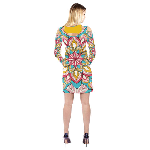Image of Pink Bue And Yellow Floral Mandala Womens Cold Shoulder Long Sleeve Dress