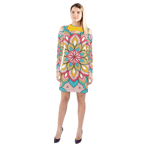 Image of Pink Bue And Yellow Floral Mandala Womens Cold Shoulder Long Sleeve Dress