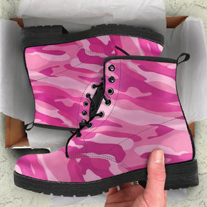 Pink Camouflage Women's Boots: Vegan Leather, Handcrafted Lace,Up Boots, Vegan