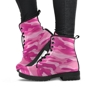 Pink Camouflage Women's Boots: Vegan Leather, Handcrafted Lace,Up Boots, Vegan