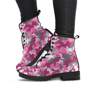 Pink Gray Camo Women's Vegan Boots, Camouflage Design, Hippie Combat