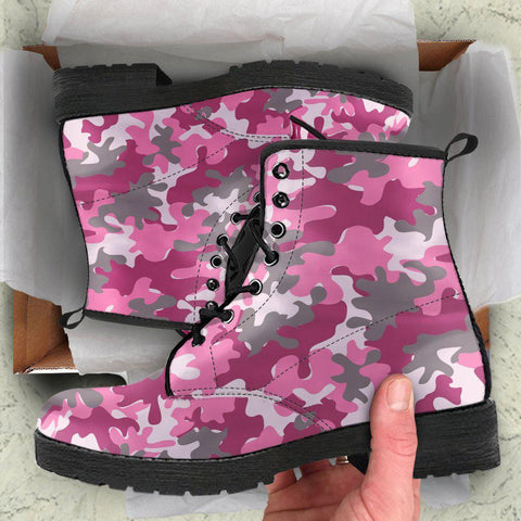 Image of Pink Gray Camo Women's Vegan Boots, Camouflage Design, Hippie Combat