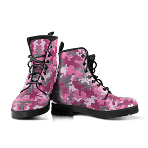 Pink Gray Camo Women's Vegan Boots, Camouflage Design, Hippie Combat