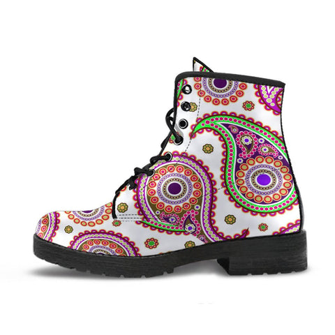 Image of Pink Colorful Paisley: Women's Vegan Leather Boots, Handcrafted Ankle Boots,