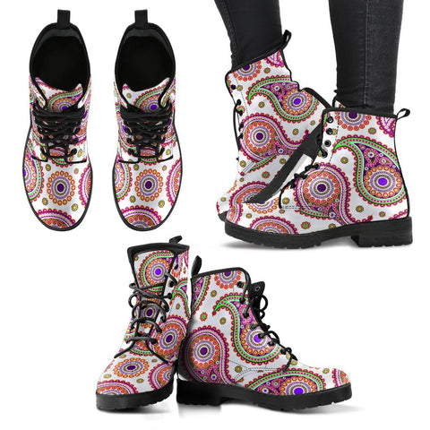 Image of Pink Colorful Paisley: Women's Vegan Leather Boots, Handcrafted Ankle Boots,