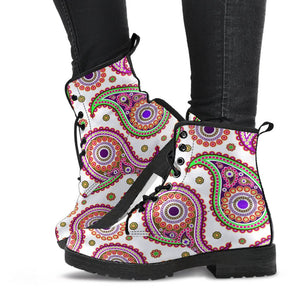 Pink Colorful Paisley: Women's Vegan Leather Boots, Handcrafted Ankle Boots,