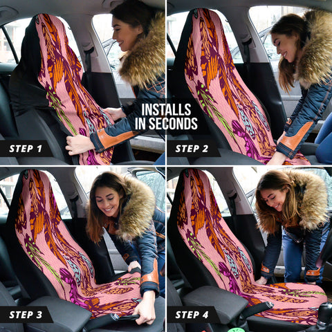 Image of Colorful Ethnic Branch Pink Car Seat Covers, Vibrant Front Seat Protectors, 2pc