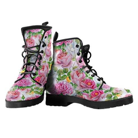 Image of Pink Floral Watercolor Women's Vegan Leather Boots, Rain Boots, Hippie