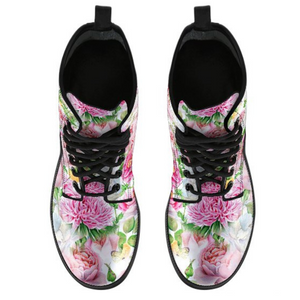 Pink Floral Watercolor Women's Vegan Leather Boots, Rain Boots, Hippie