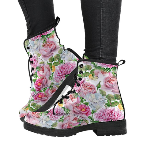 Image of Pink Floral Watercolor Women's Vegan Leather Boots, Rain Boots, Hippie