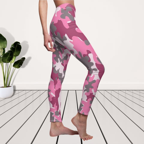 Image of Pink Gray Multicolored Camouflage Women's Cut & Sew Casual Leggings, Yoga Pants,