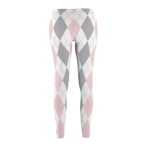 Pink Grey Multicolored Plaid Women's Cut & Sew Casual Leggings, Yoga Pants,