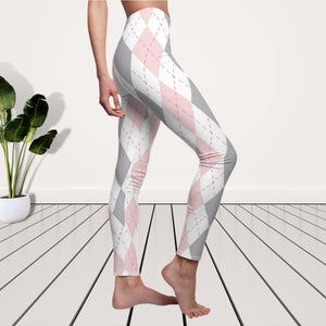 Pink Grey Multicolored Plaid Women's Cut & Sew Casual Leggings, Yoga Pants,