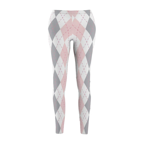 Image of Pink Grey Multicolored Plaid Women's Cut & Sew Casual Leggings, Yoga Pants,