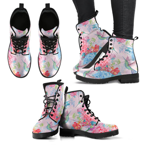 Image of Pink Hummingbird, Women's Vegan Leather Boots, Handcrafted Waterproof Ankle, Bohemian Hippie Boots