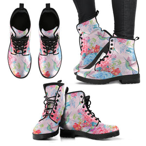 Pink Hummingbird, Women's Vegan Leather Boots, Handcrafted Waterproof Ankle, Bohemian Hippie Boots