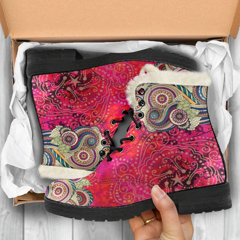 Image of Pink Multicolored Hippie Paisley Ankle Boots, Classic Boot, Lolita Combat Boots,Hand Crafted,Streetwear, Rain Boots,Hippie,Combat Style Boot