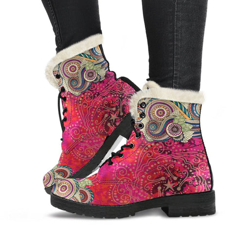 Image of Pink Multicolored Hippie Paisley Ankle Boots, Classic Boot, Lolita Combat Boots,Hand Crafted,Streetwear, Rain Boots,Hippie,Combat Style Boot